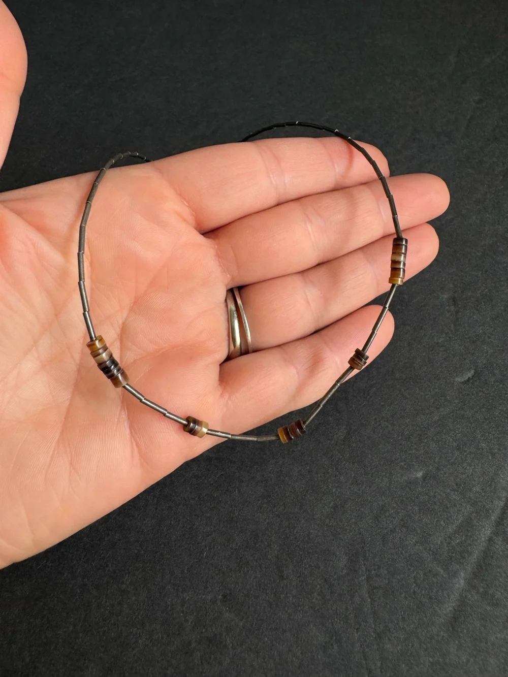 Vintage Tigers Eye Necklace 70s 80s Dainty Southwest Silver Bead Choker 14.5